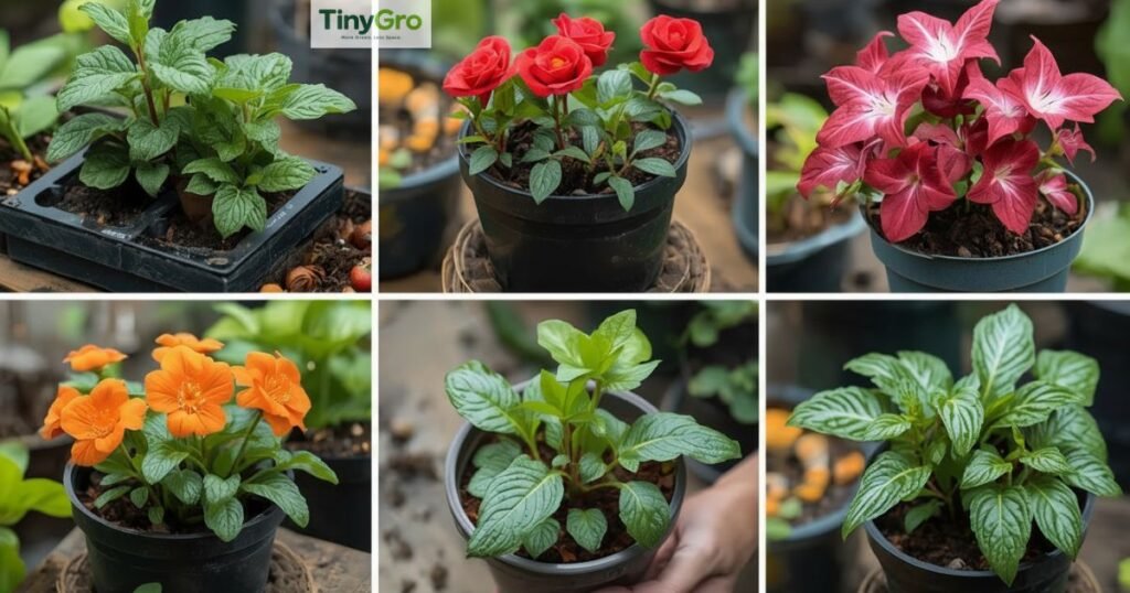 Container plants arranged in a beautiful small space garden